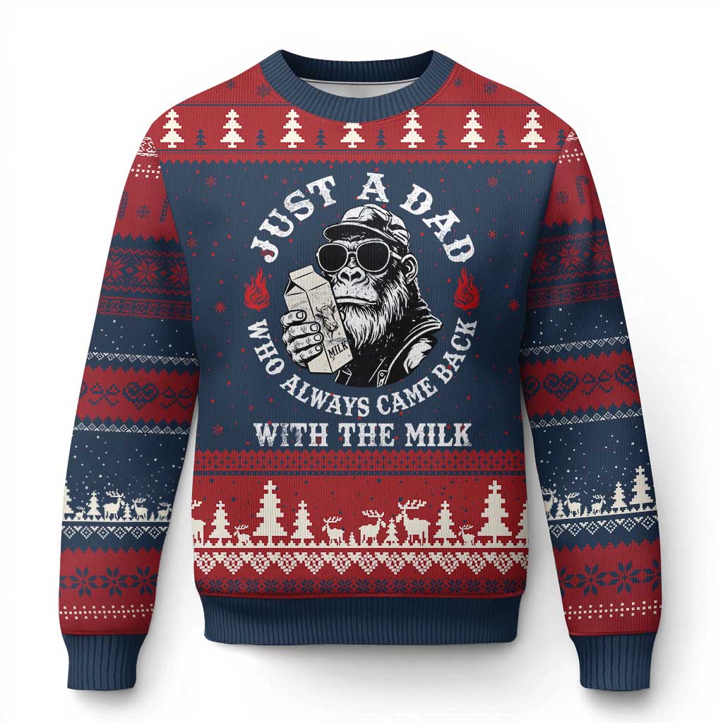 Just A Dad Who Always Came Back With The Milk Funny Bigfoot Father's Day Ugly Christmas Sweater TS11 Navy Red Print Your Wear