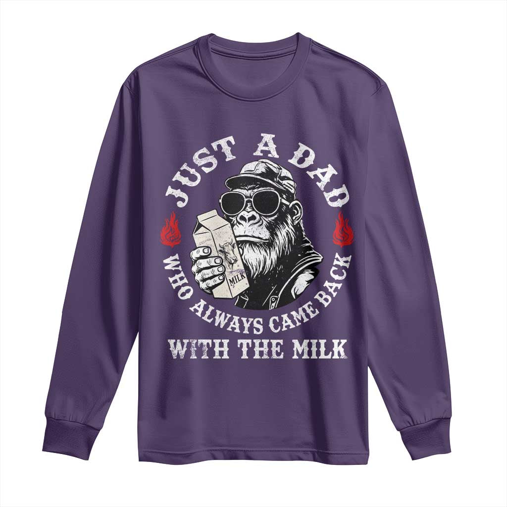 Just A Dad Who Always Came Back With The Milk Funny Bigfoot Father's Day Long Sleeve Shirt TS11 Purple Print Your Wear