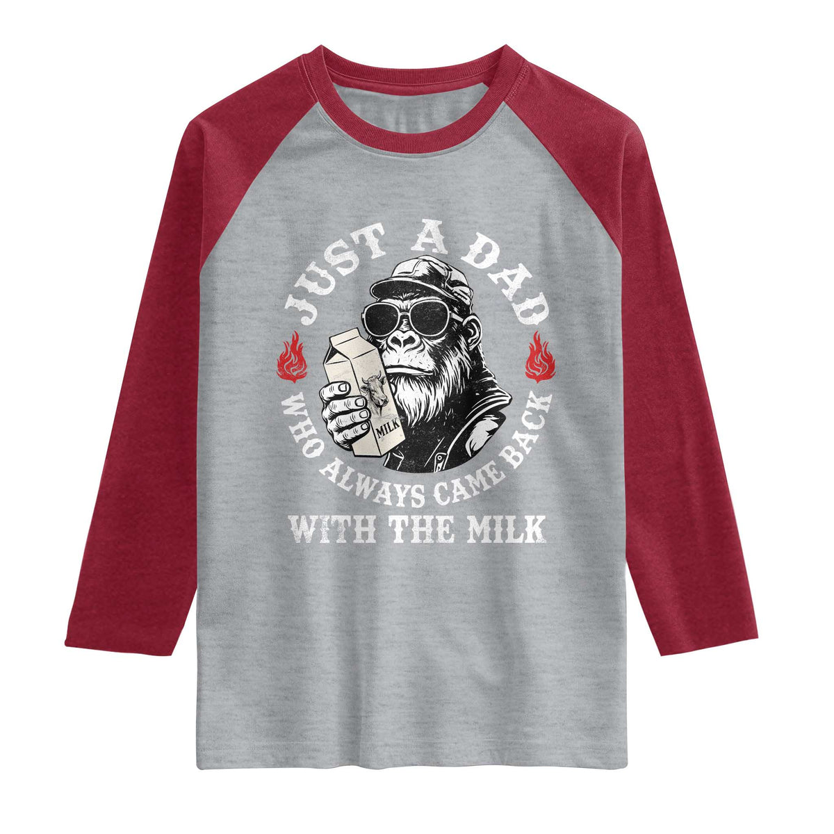 Just A Dad Who Always Came Back With The Milk Funny Bigfoot Father's Day Raglan Shirt TS11 Heather Gray Heather Red Print Your Wear