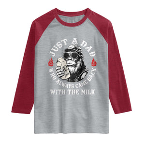 Just A Dad Who Always Came Back With The Milk Funny Bigfoot Father's Day Raglan Shirt TS11 Heather Gray Heather Red Print Your Wear