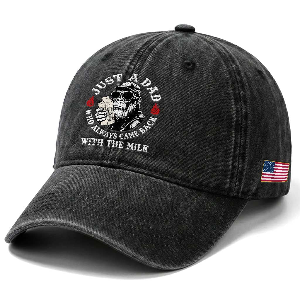 Just A Dad Who Always Came Back With The Milk Funny Bigfoot Father's Day Washed Cotton Baseball Cap TS11 Print Your Wear