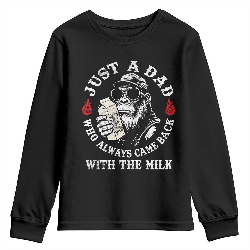 Just A Dad Who Always Came Back With The Milk Funny Bigfoot Father's Day Youth Sweatshirt TS11 Black Print Your Wear
