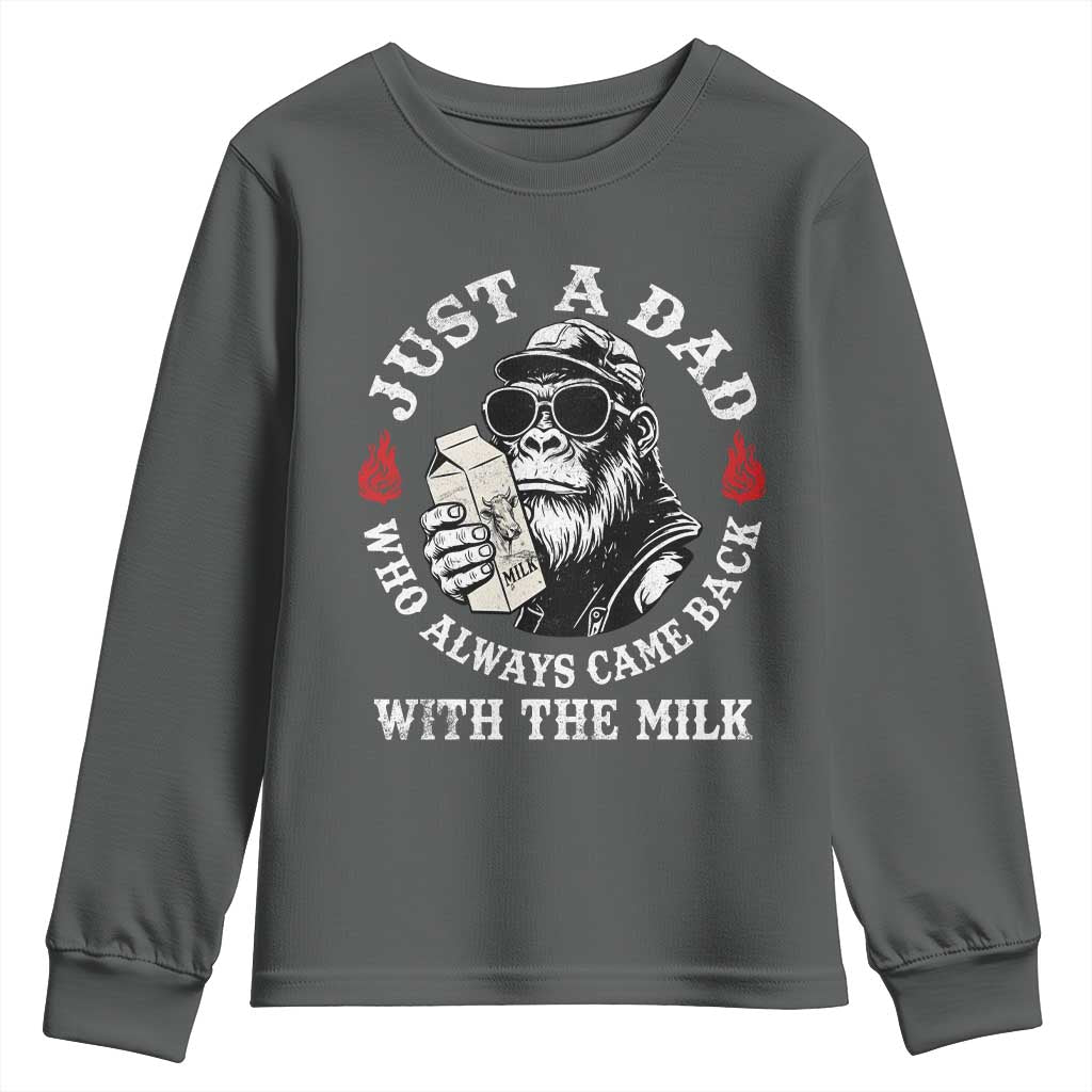 Just A Dad Who Always Came Back With The Milk Funny Bigfoot Father's Day Youth Sweatshirt TS11 Dark Heather Print Your Wear