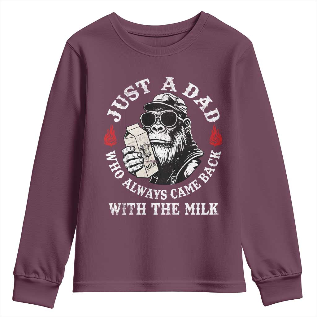 Just A Dad Who Always Came Back With The Milk Funny Bigfoot Father's Day Youth Sweatshirt TS11 Maroon Print Your Wear