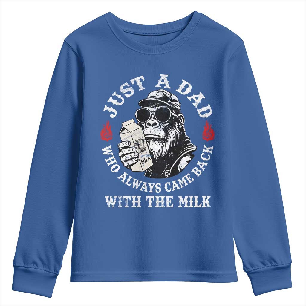 Just A Dad Who Always Came Back With The Milk Funny Bigfoot Father's Day Youth Sweatshirt TS11 Royal Blue Print Your Wear