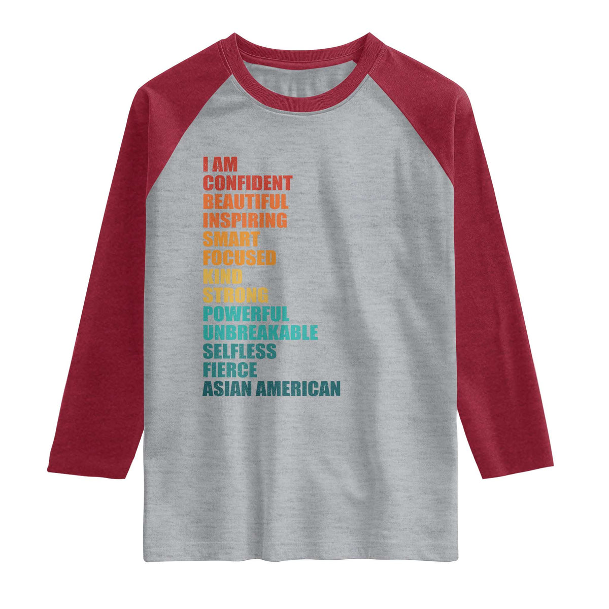 I Am Confident Beautiful Inspiring Asian American Raglan Shirt AAPI Heritage Month TS11 Heather Gray Heather Red Print Your Wear