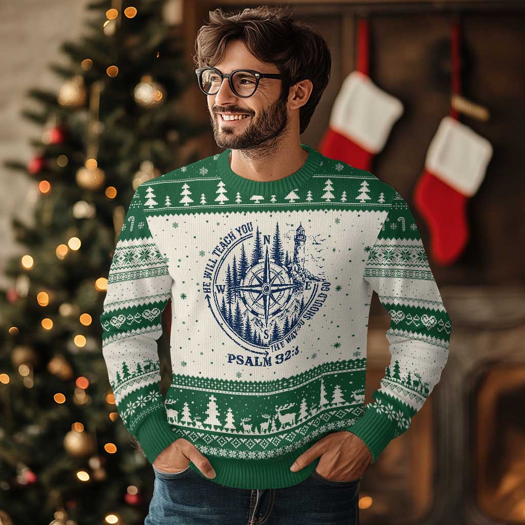 Christian Camping Ugly Christmas Sweater He Will Teach You The Way You Should Go TS11 Beige Green Print Your Wear