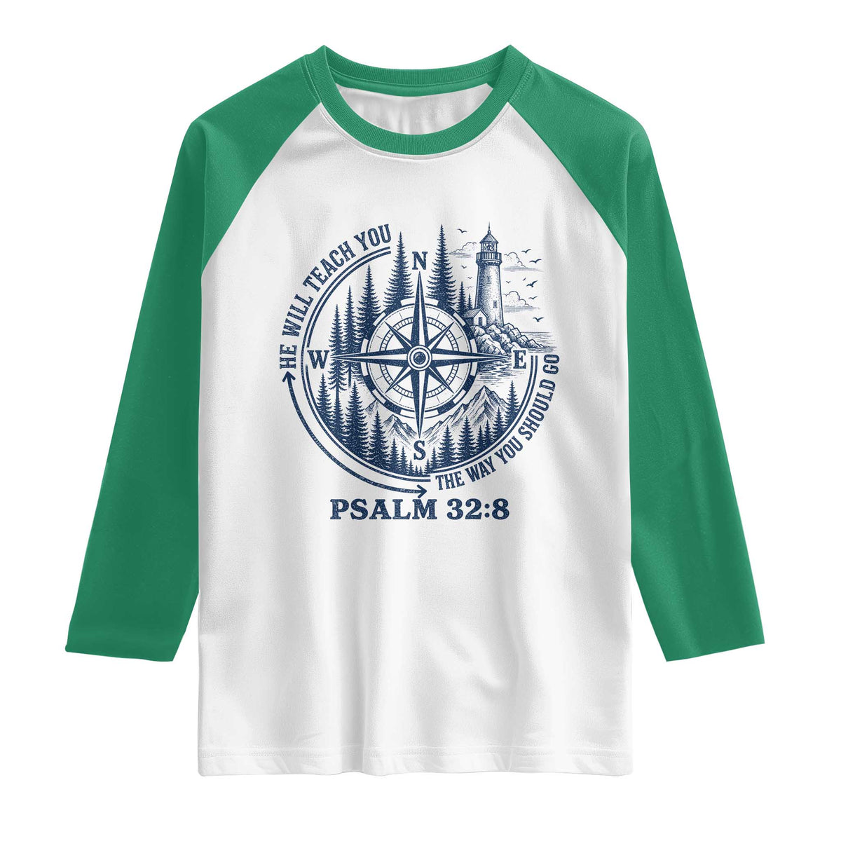 Christian Camping Raglan Shirt He Will Teach You The Way You Should Go TS11 White Kelly Green Print Your Wear