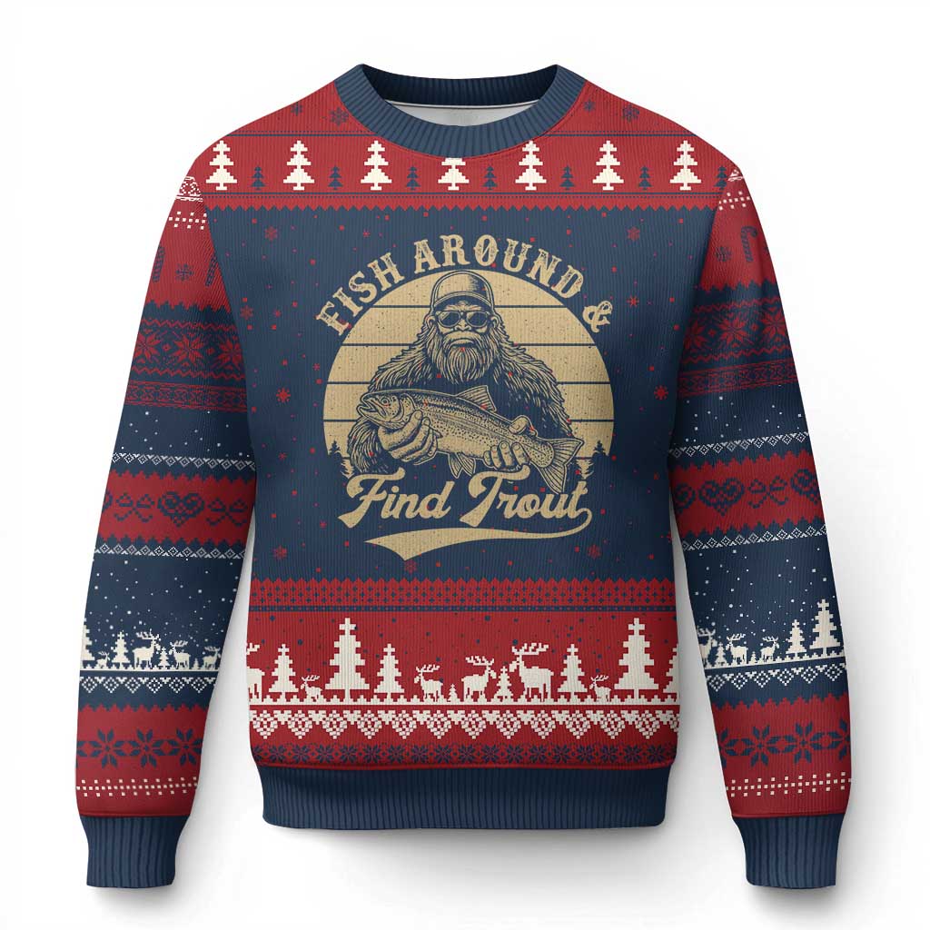 Fish Around And Find Trout Ugly Christmas Sweater Bigfoot Fishing TS11 Navy Red Print Your Wear