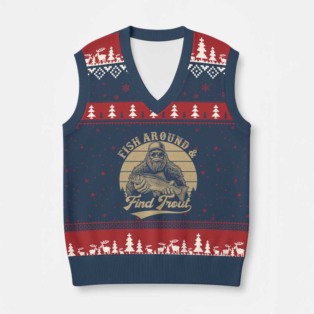 Fish Around And Find Trout V-Neck Knit Sweater Vest Bigfoot Fishing TS11 Navy Red Print Your Wear
