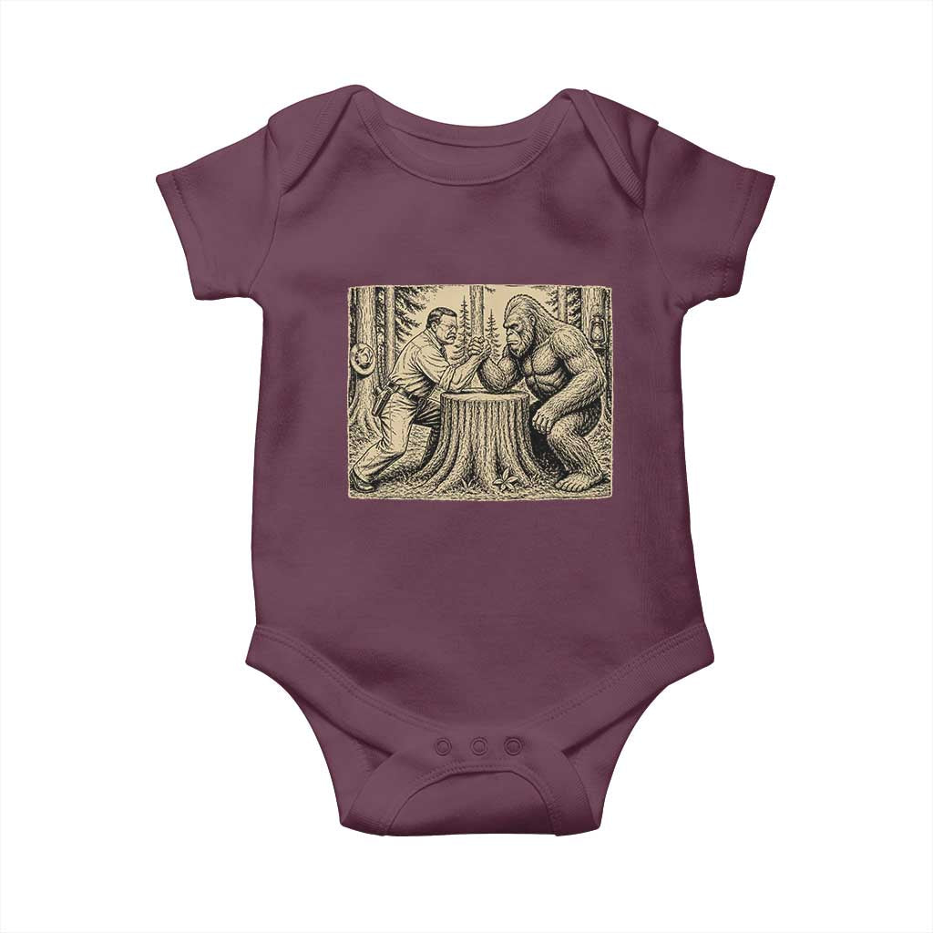 Theodore Roosevelt and Bigfoot Arm Wrestling Retro Baby Onesie TS11 Maroon Print Your Wear