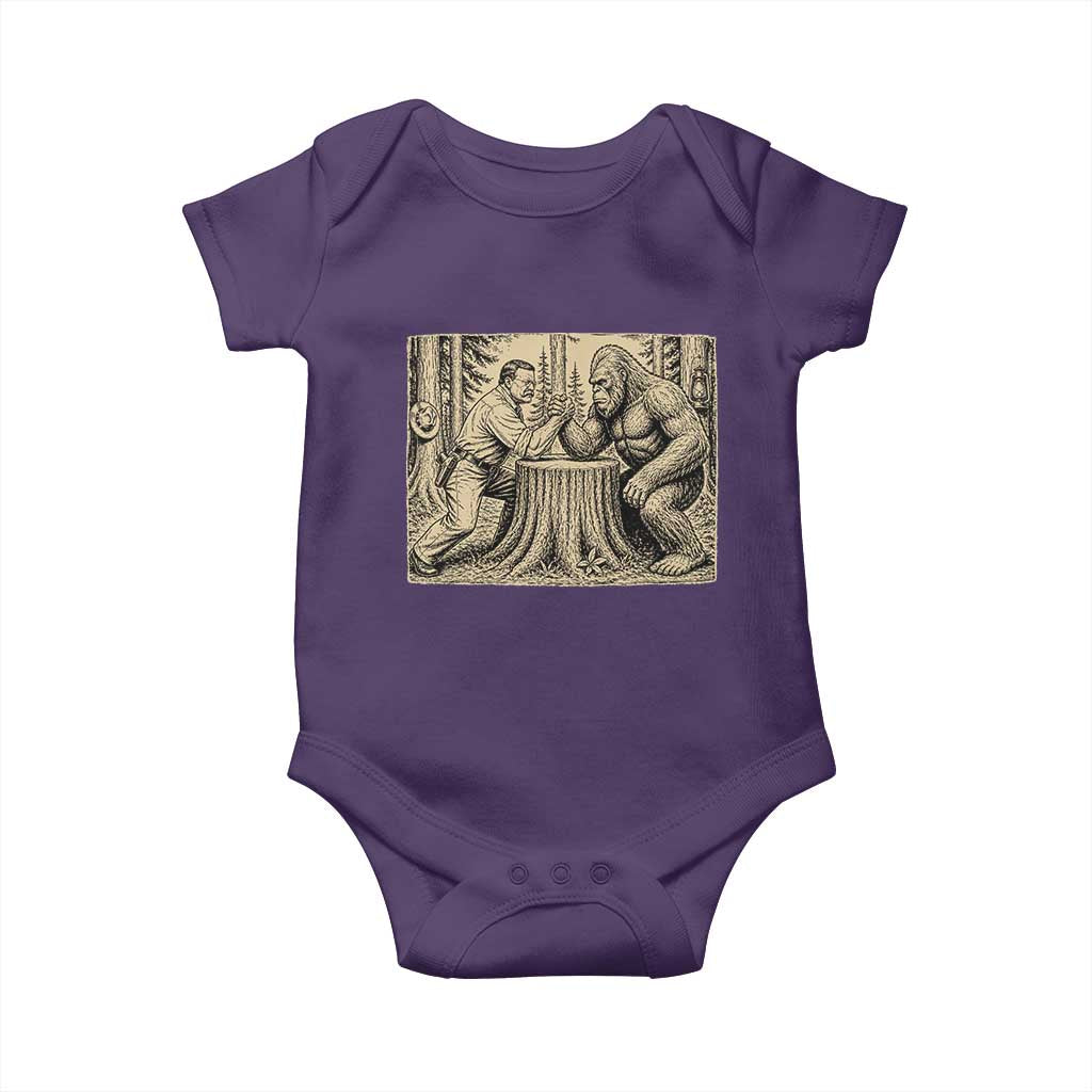 Theodore Roosevelt and Bigfoot Arm Wrestling Retro Baby Onesie TS11 Purple Print Your Wear