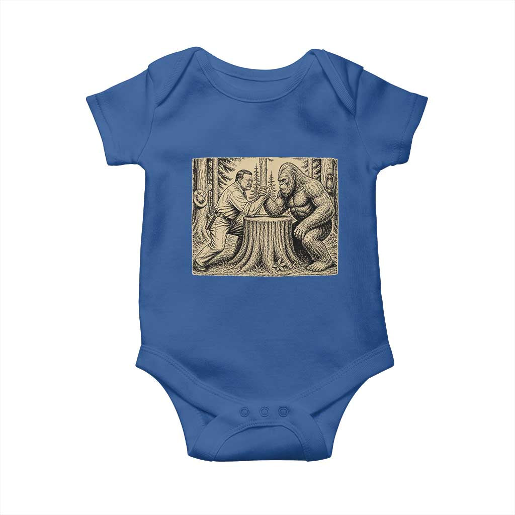 Theodore Roosevelt and Bigfoot Arm Wrestling Retro Baby Onesie TS11 Royal Blue Print Your Wear