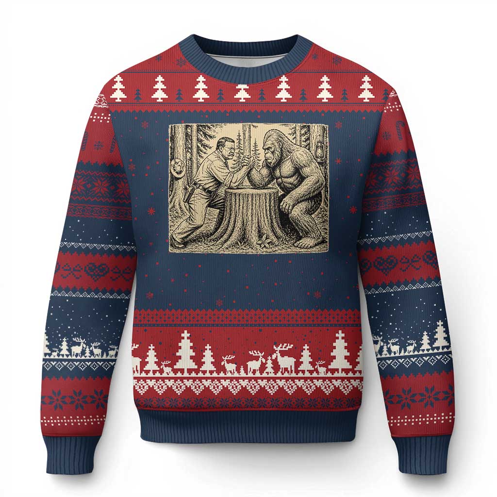 Theodore Roosevelt and Bigfoot Arm Wrestling Retro Ugly Christmas Sweater TS11 Navy Red Print Your Wear