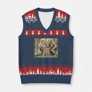 Theodore Roosevelt and Bigfoot Arm Wrestling Retro V-Neck Knit Sweater Vest TS11 Navy Red Print Your Wear