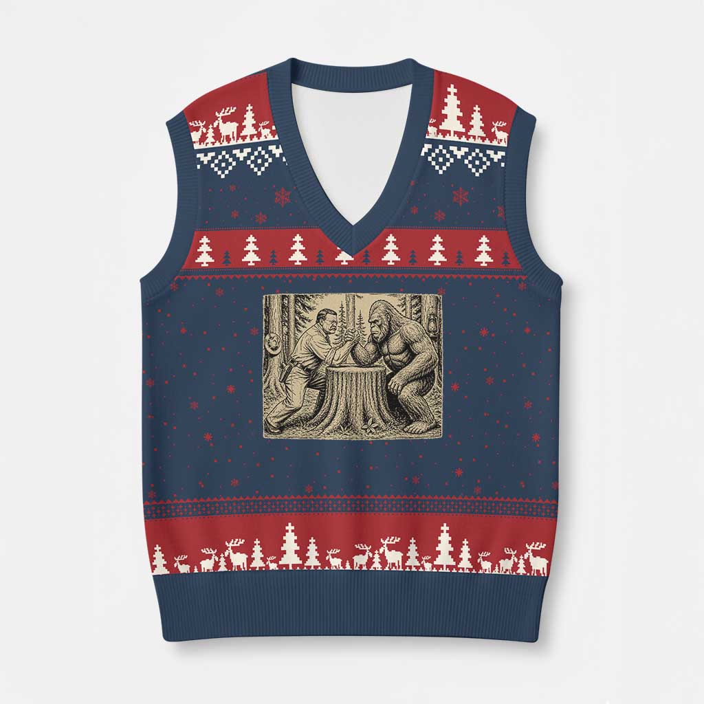 Theodore Roosevelt and Bigfoot Arm Wrestling Retro V-Neck Knit Sweater Vest TS11 Navy Red Print Your Wear