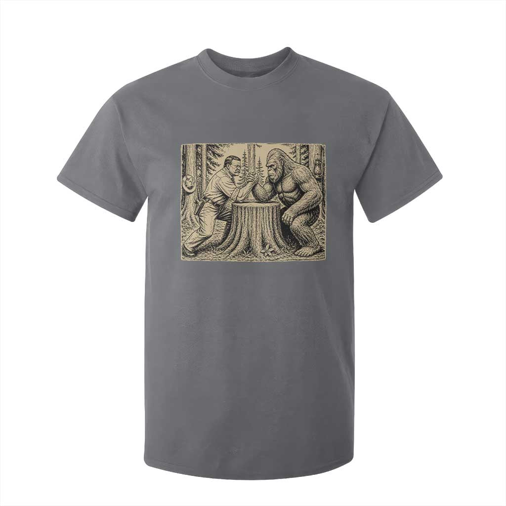 Theodore Roosevelt and Bigfoot Arm Wrestling Retro T Shirt For Kid TS11 Charcoal Print Your Wear