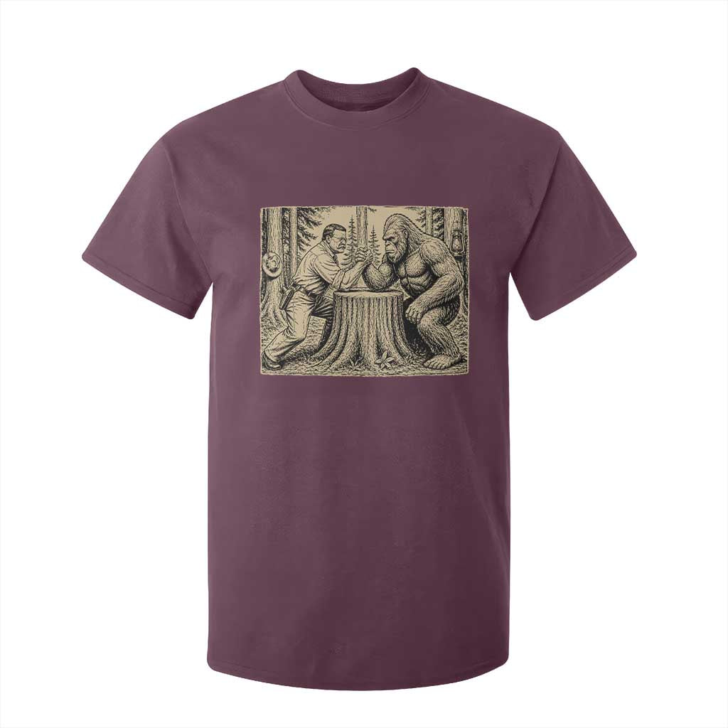 Theodore Roosevelt and Bigfoot Arm Wrestling Retro T Shirt For Kid TS11 Maroon Print Your Wear