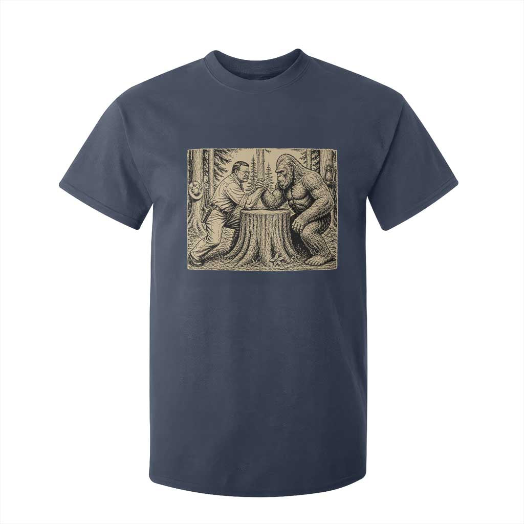 Theodore Roosevelt and Bigfoot Arm Wrestling Retro T Shirt For Kid TS11 Navy Print Your Wear
