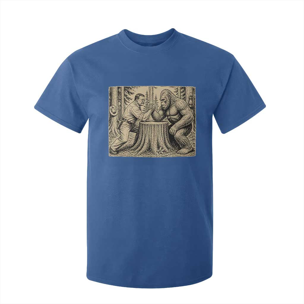 Theodore Roosevelt and Bigfoot Arm Wrestling Retro T Shirt For Kid TS11 Royal Blue Print Your Wear