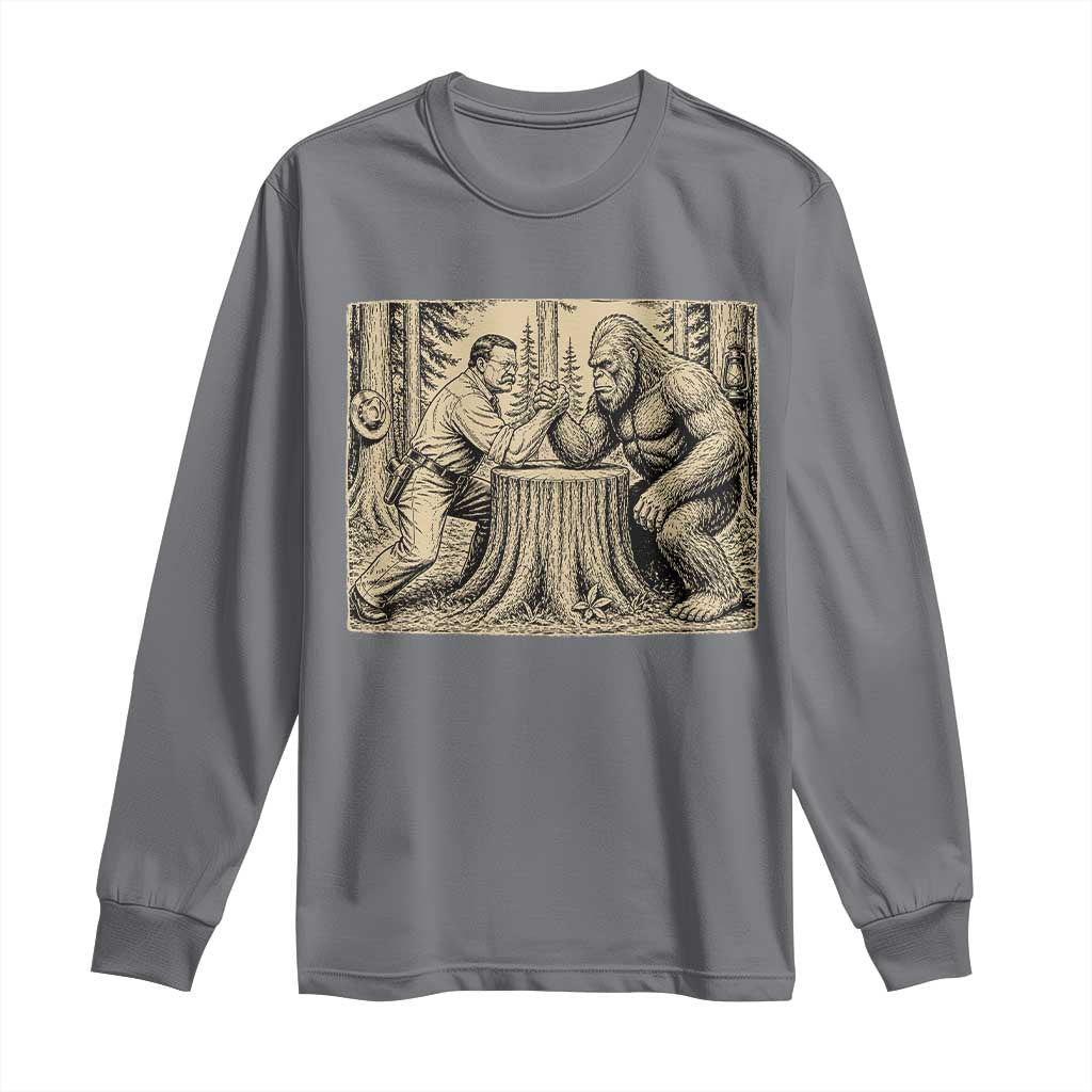 Theodore Roosevelt and Bigfoot Arm Wrestling Retro Long Sleeve Shirt TS11 Charcoal Print Your Wear