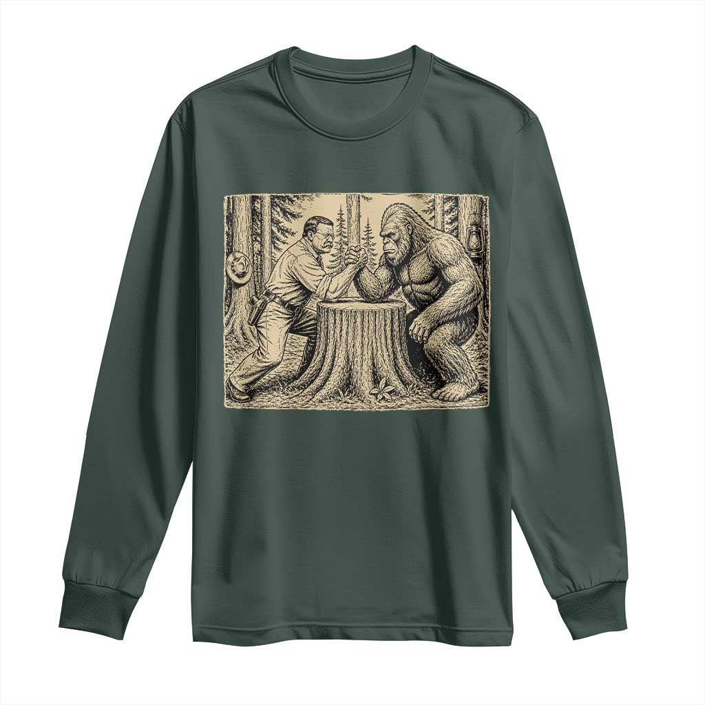 Theodore Roosevelt and Bigfoot Arm Wrestling Retro Long Sleeve Shirt TS11 Dark Forest Green Print Your Wear