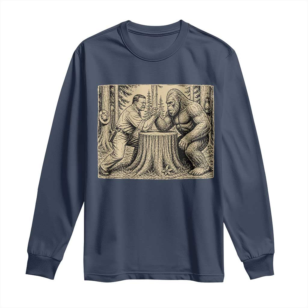 Theodore Roosevelt and Bigfoot Arm Wrestling Retro Long Sleeve Shirt TS11 Navy Print Your Wear