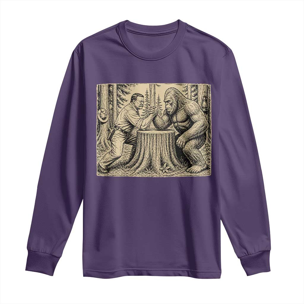 Theodore Roosevelt and Bigfoot Arm Wrestling Retro Long Sleeve Shirt TS11 Purple Print Your Wear