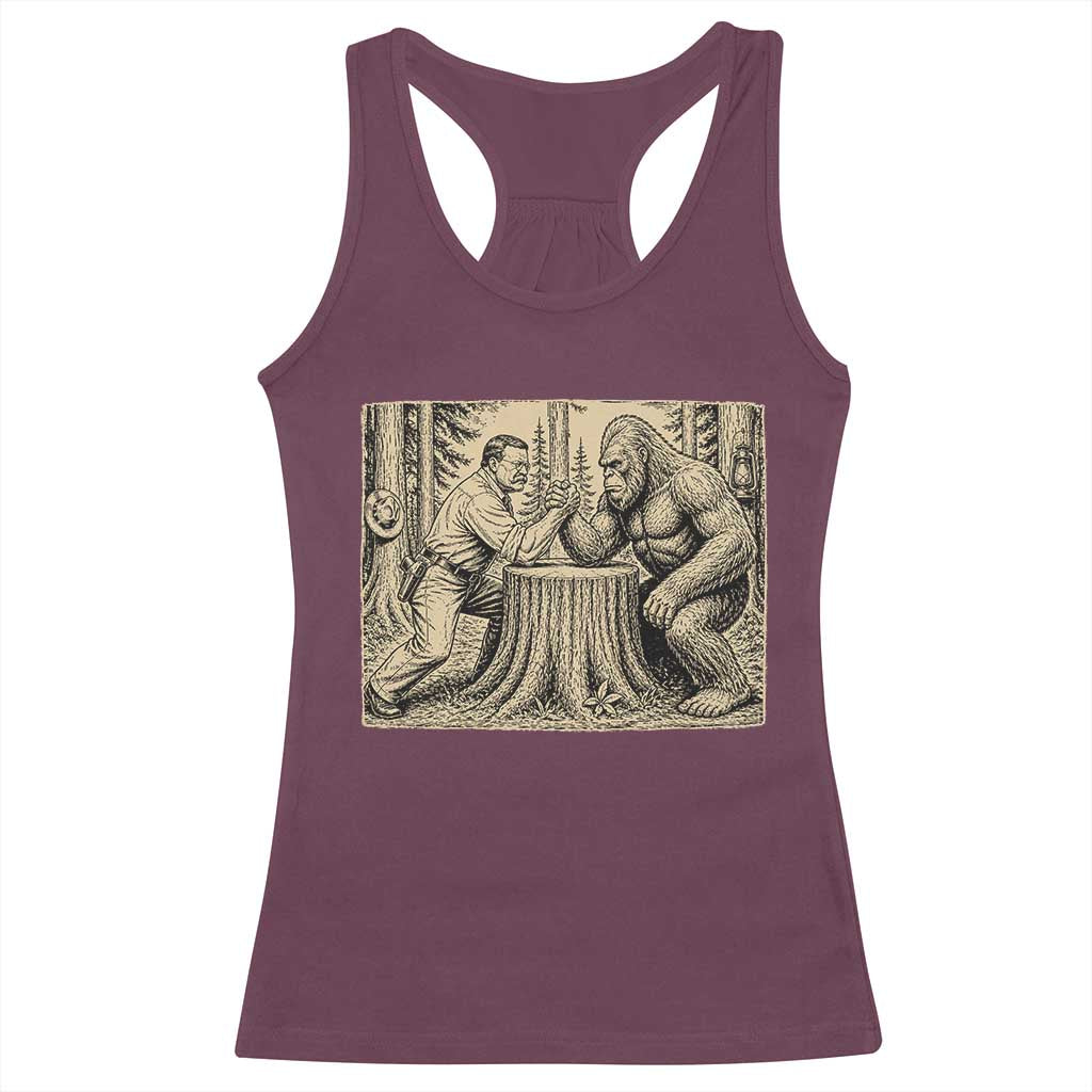 Theodore Roosevelt and Bigfoot Arm Wrestling Retro Racerback Tank Top TS11 Maroon Print Your Wear