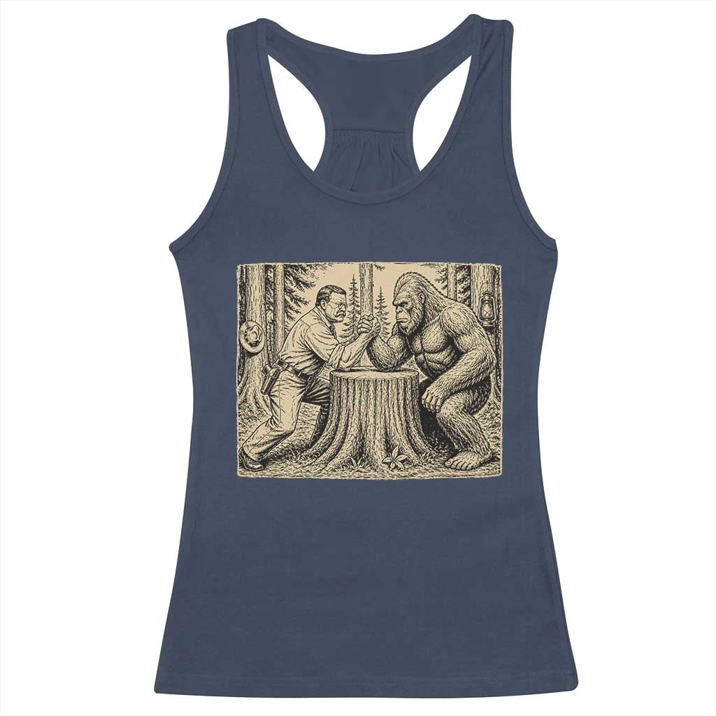 Theodore Roosevelt and Bigfoot Arm Wrestling Retro Racerback Tank Top TS11 Navy Print Your Wear