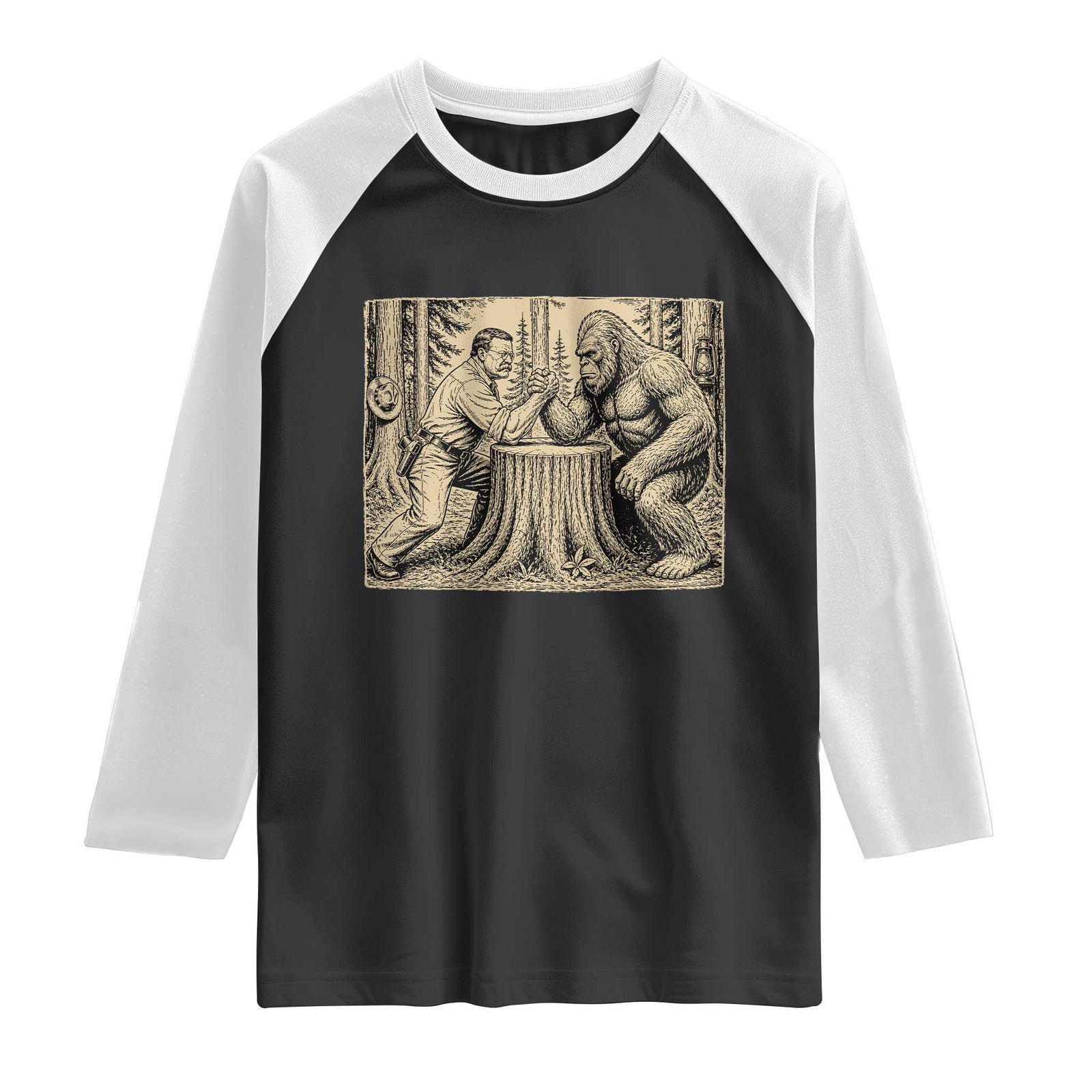 Theodore Roosevelt and Bigfoot Arm Wrestling Retro Raglan Shirt TS11 Black White Print Your Wear