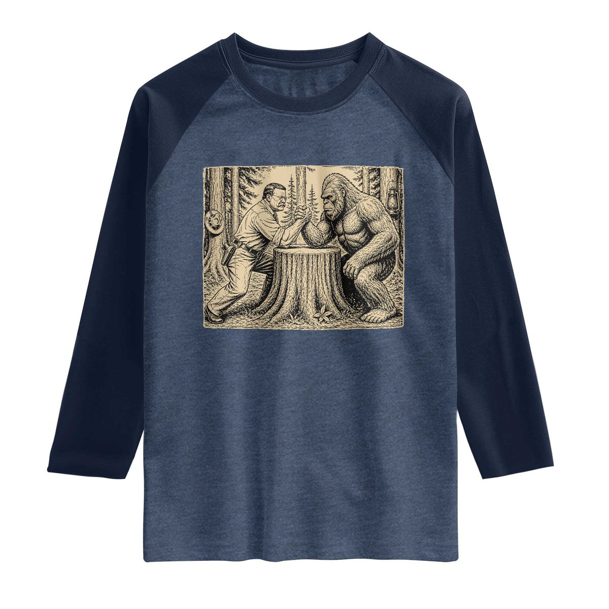Theodore Roosevelt and Bigfoot Arm Wrestling Retro Raglan Shirt TS11 Heather Denim Navy Print Your Wear