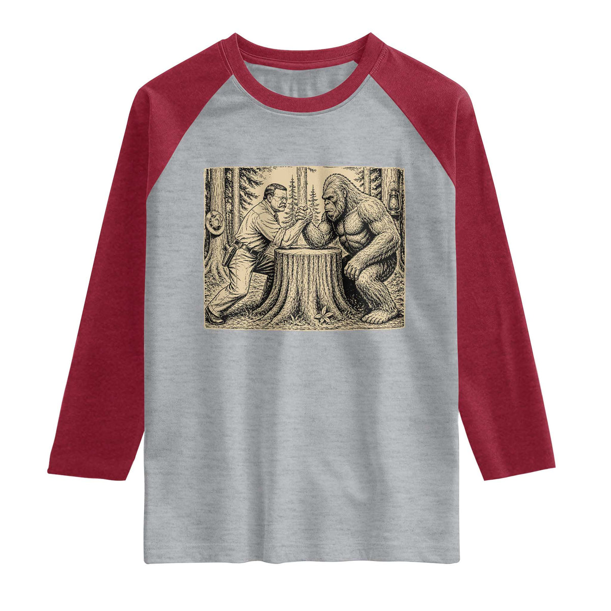 Theodore Roosevelt and Bigfoot Arm Wrestling Retro Raglan Shirt TS11 Heather Gray Heather Red Print Your Wear