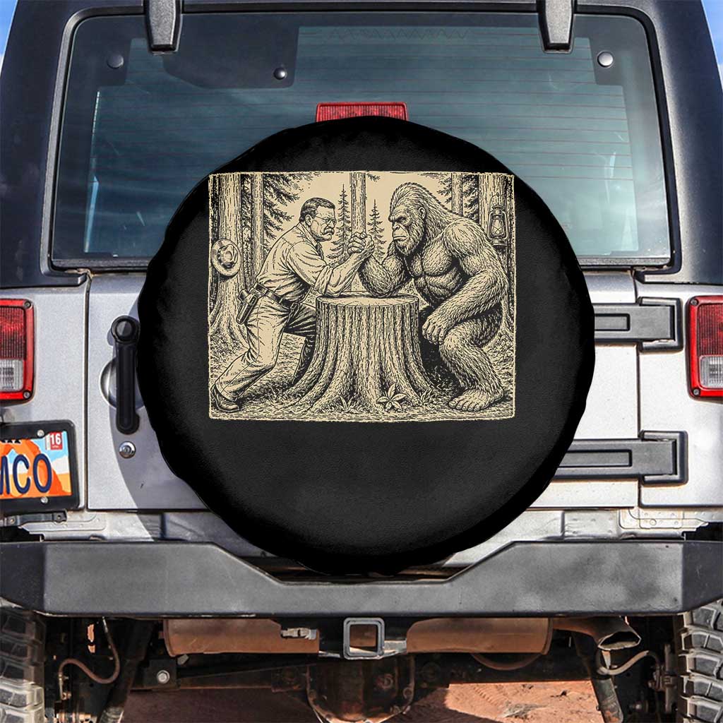 Theodore Roosevelt and Bigfoot Arm Wrestling Retro Spare Tire Cover TS11 No hole Black Print Your Wear