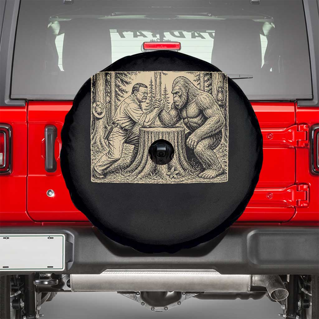 Theodore Roosevelt and Bigfoot Arm Wrestling Retro Spare Tire Cover TS11 Black Print Your Wear
