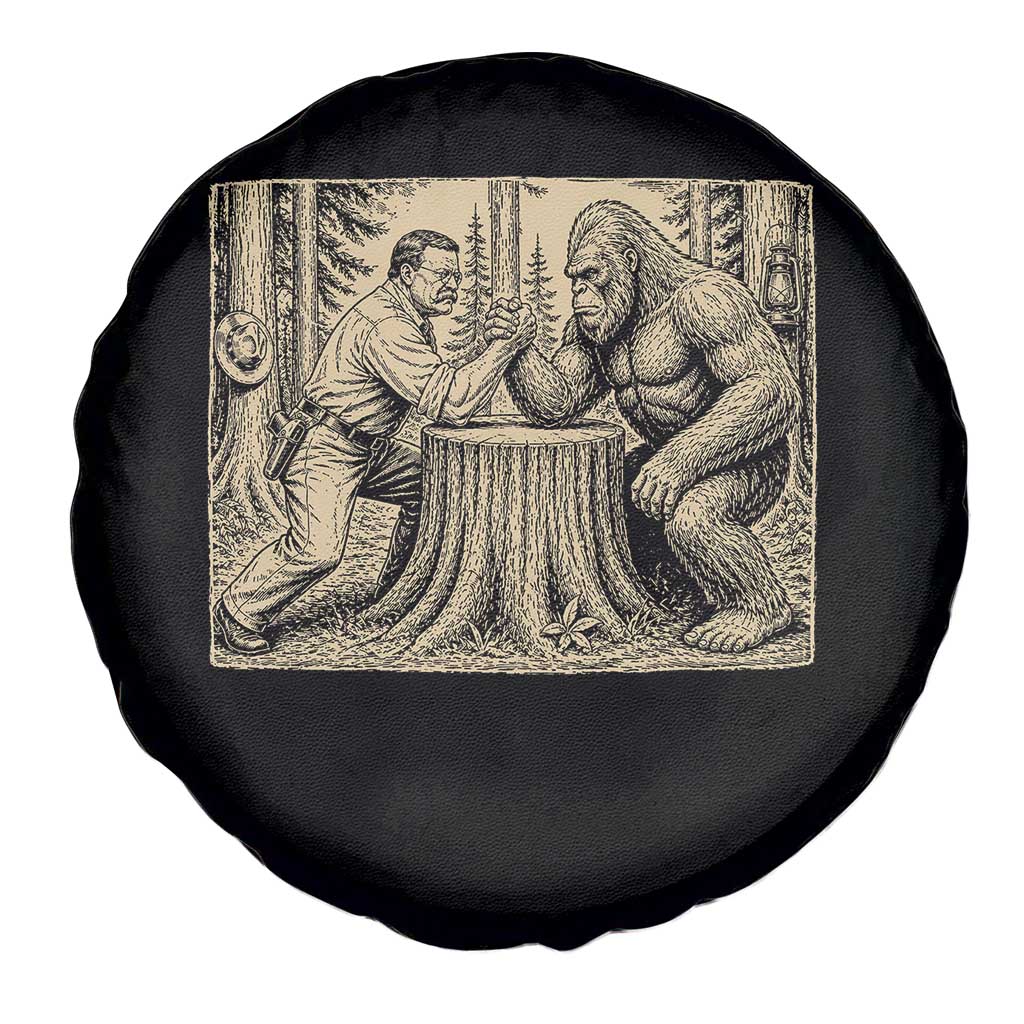 Theodore Roosevelt and Bigfoot Arm Wrestling Retro Spare Tire Cover TS11 Print Your Wear
