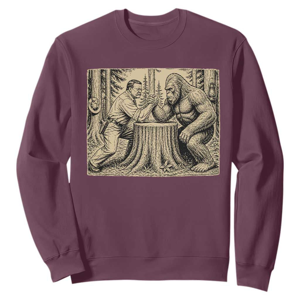Theodore Roosevelt and Bigfoot Arm Wrestling Retro Sweatshirt TS11 Maroon Print Your Wear