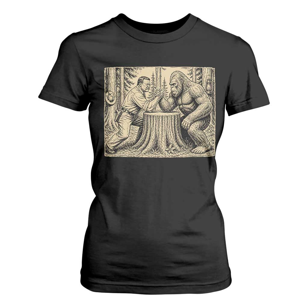 Theodore Roosevelt and Bigfoot Arm Wrestling Retro T Shirt For Women TS11 Black Print Your Wear