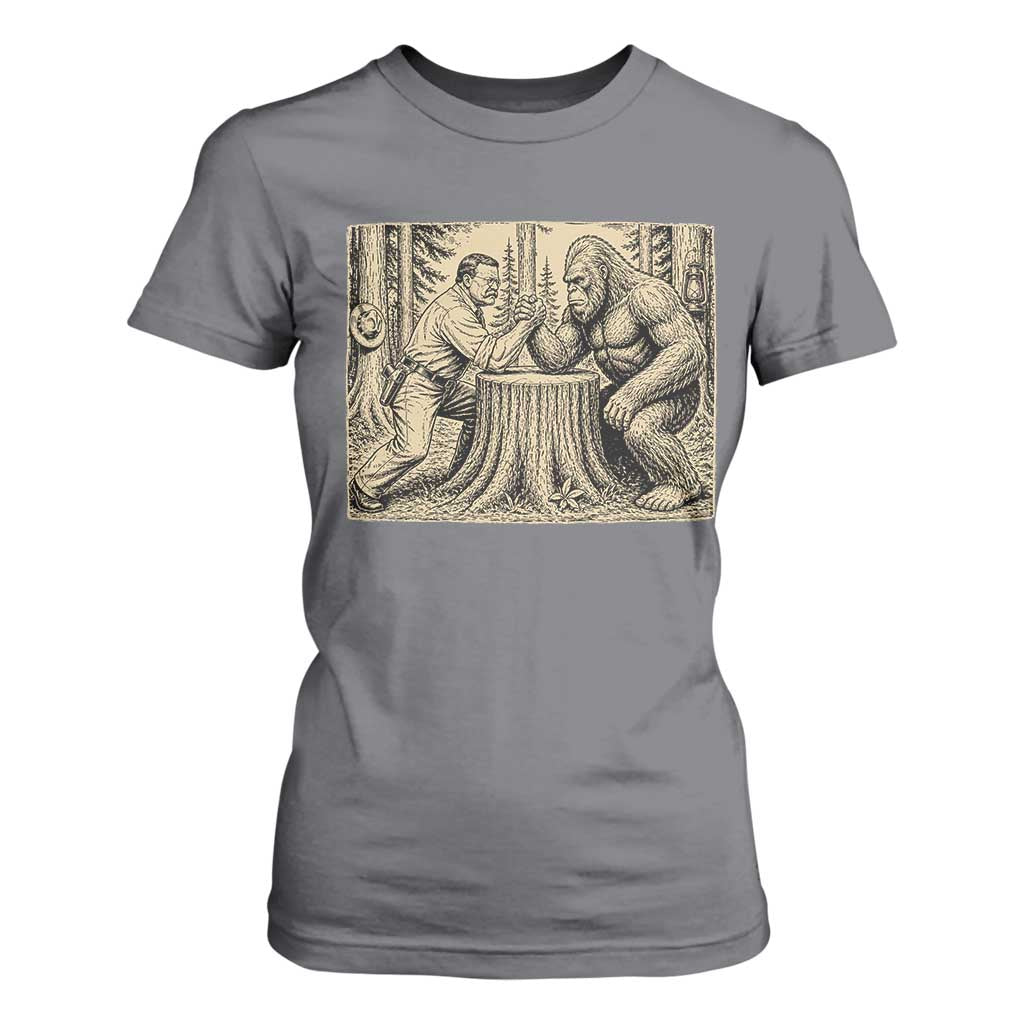 Theodore Roosevelt and Bigfoot Arm Wrestling Retro T Shirt For Women TS11 Charcoal Print Your Wear
