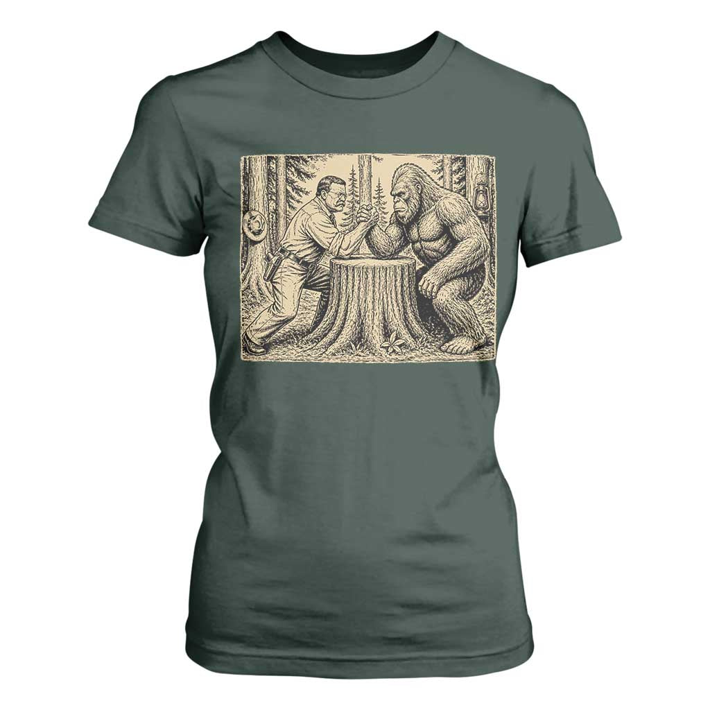 Theodore Roosevelt and Bigfoot Arm Wrestling Retro T Shirt For Women TS11 Dark Forest Green Print Your Wear