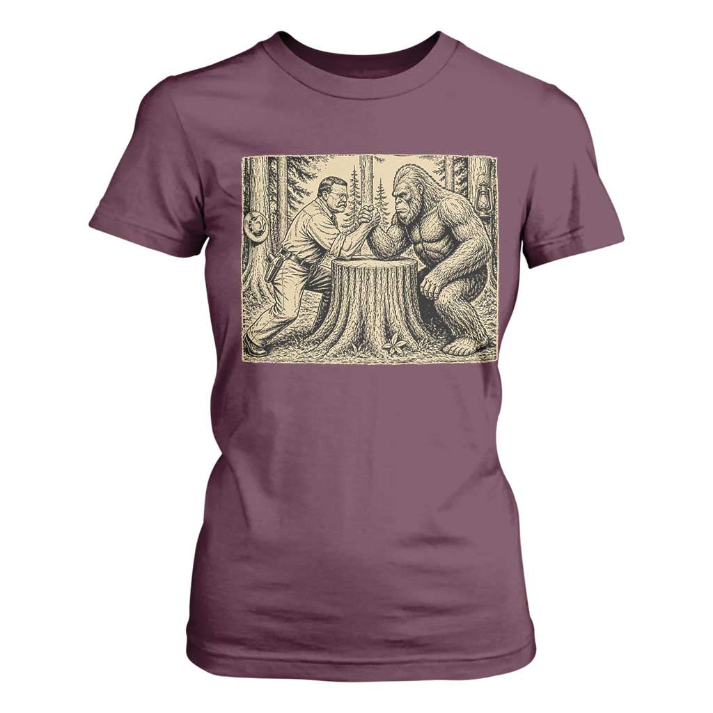 Theodore Roosevelt and Bigfoot Arm Wrestling Retro T Shirt For Women TS11 Maroon Print Your Wear