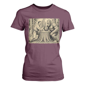 Theodore Roosevelt and Bigfoot Arm Wrestling Retro T Shirt For Women TS11 Maroon Print Your Wear