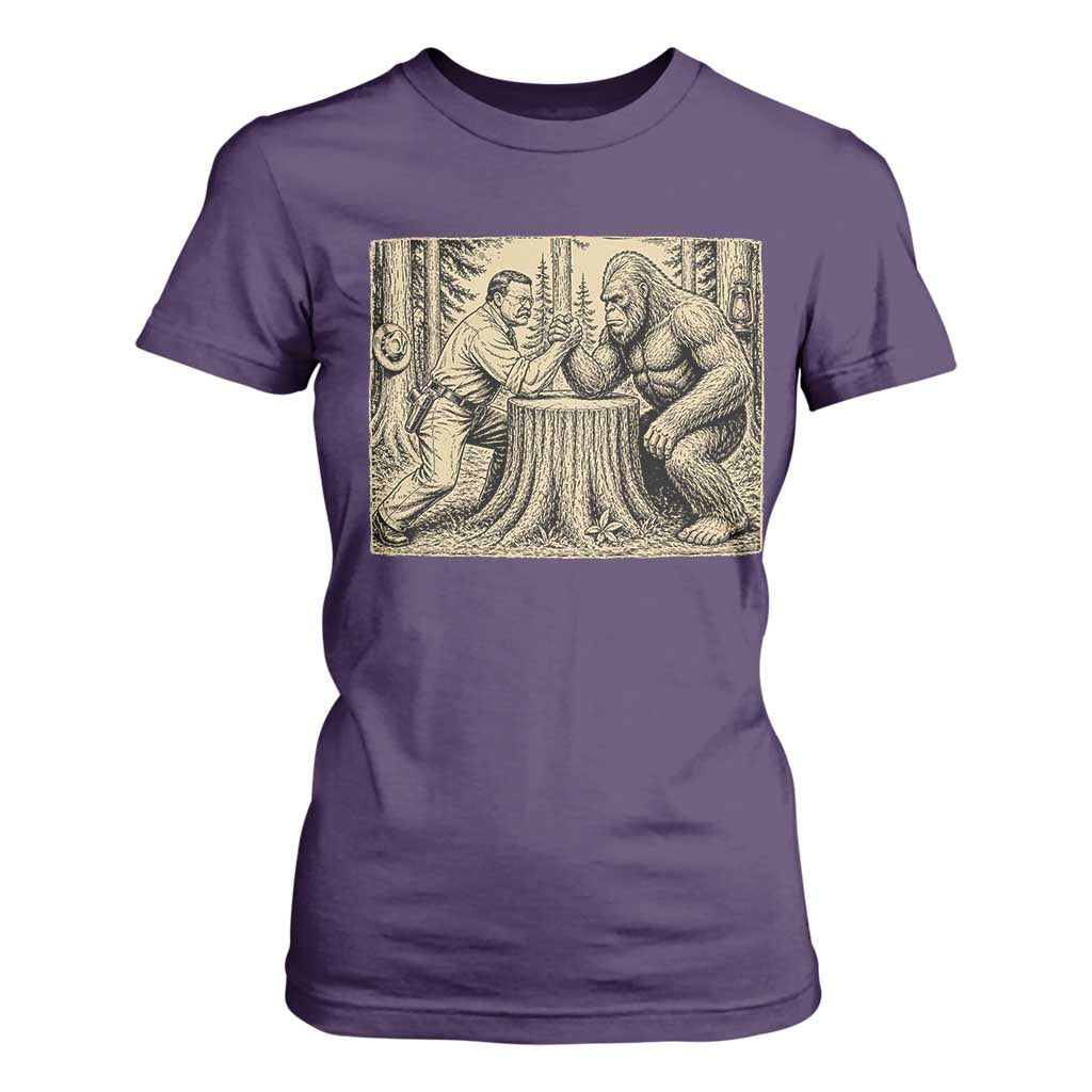 Theodore Roosevelt and Bigfoot Arm Wrestling Retro T Shirt For Women TS11 Purple Print Your Wear