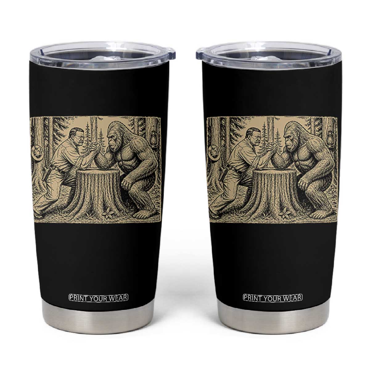Theodore Roosevelt and Bigfoot Arm Wrestling Retro Tumbler Cup TS11 Black Print Your Wear