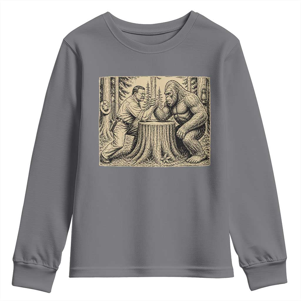 Theodore Roosevelt and Bigfoot Arm Wrestling Retro Youth Sweatshirt TS11 Charcoal Print Your Wear