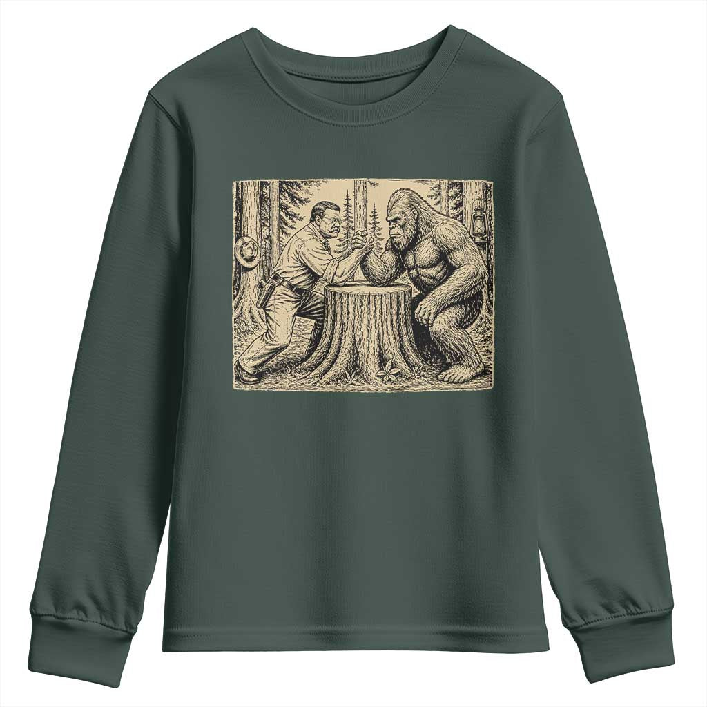 Theodore Roosevelt and Bigfoot Arm Wrestling Retro Youth Sweatshirt TS11 Dark Forest Green Print Your Wear