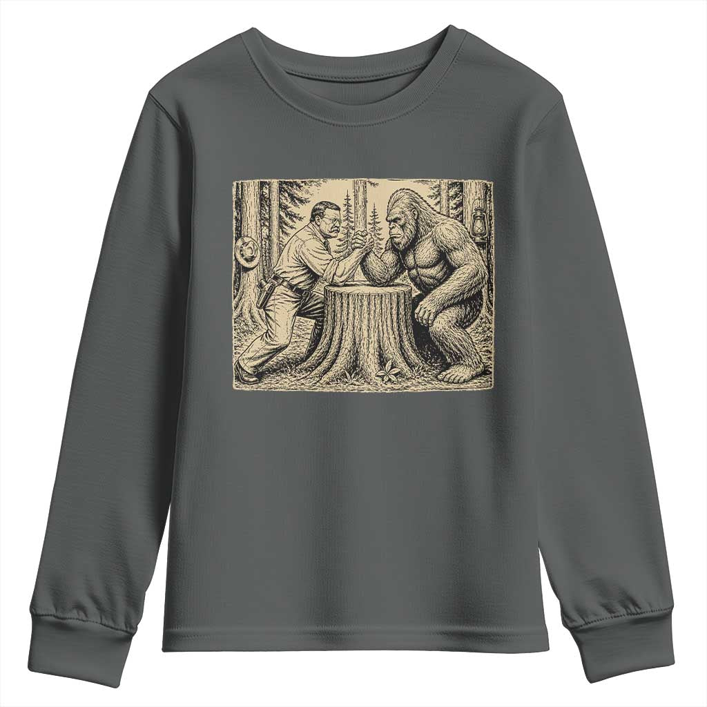 Theodore Roosevelt and Bigfoot Arm Wrestling Retro Youth Sweatshirt TS11 Dark Heather Print Your Wear