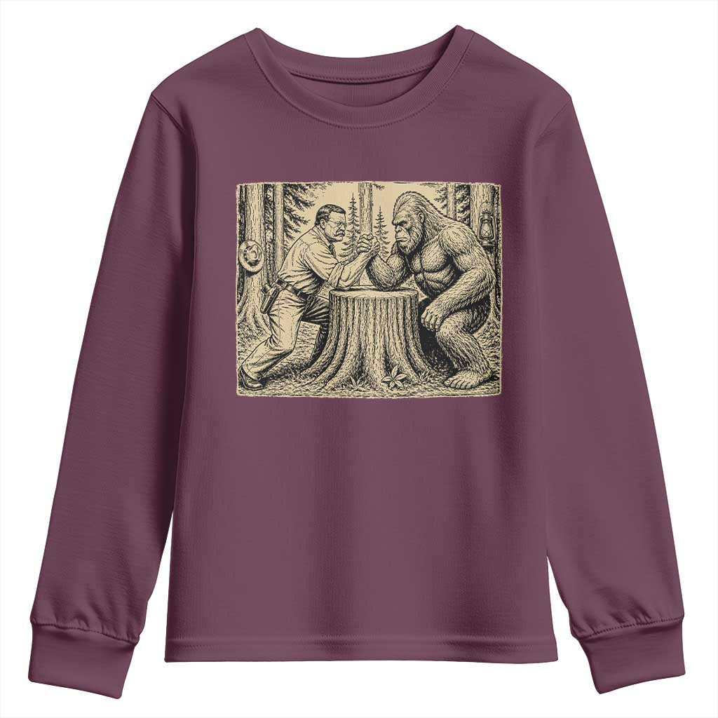 Theodore Roosevelt and Bigfoot Arm Wrestling Retro Youth Sweatshirt TS11 Maroon Print Your Wear
