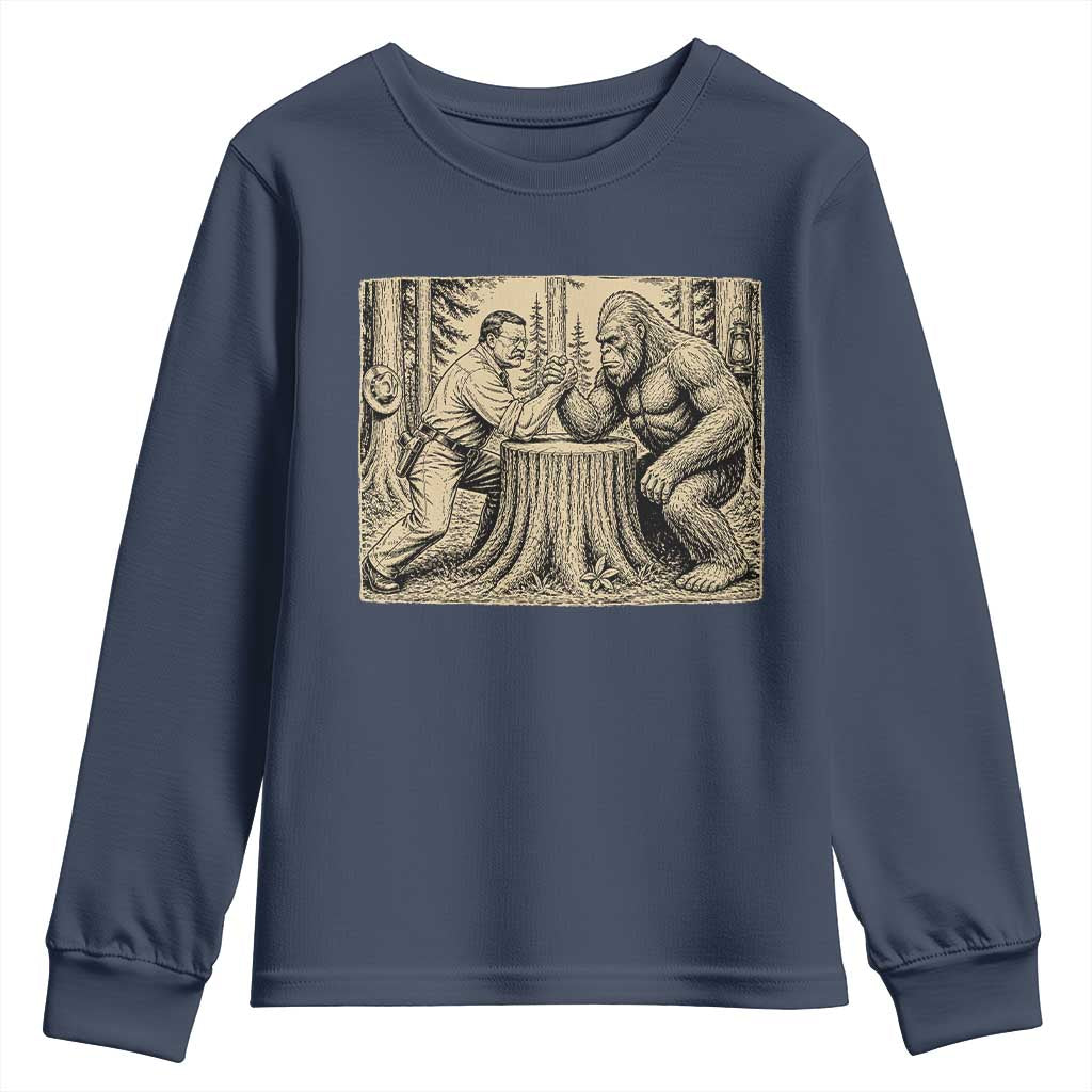 Theodore Roosevelt and Bigfoot Arm Wrestling Retro Youth Sweatshirt TS11 Navy Print Your Wear