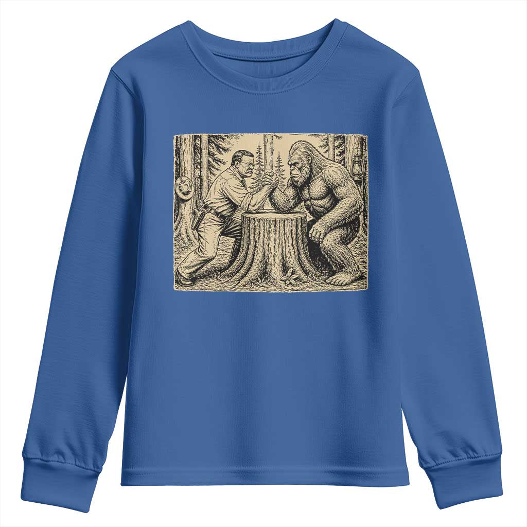Theodore Roosevelt and Bigfoot Arm Wrestling Retro Youth Sweatshirt TS11 Royal Blue Print Your Wear